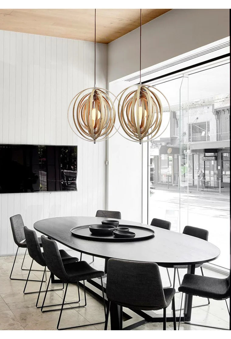 Rotatable Transformable Circular Wooden Pendant Lamp