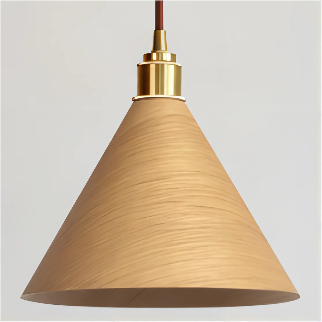 Conical Wood Pendant Light with Brass