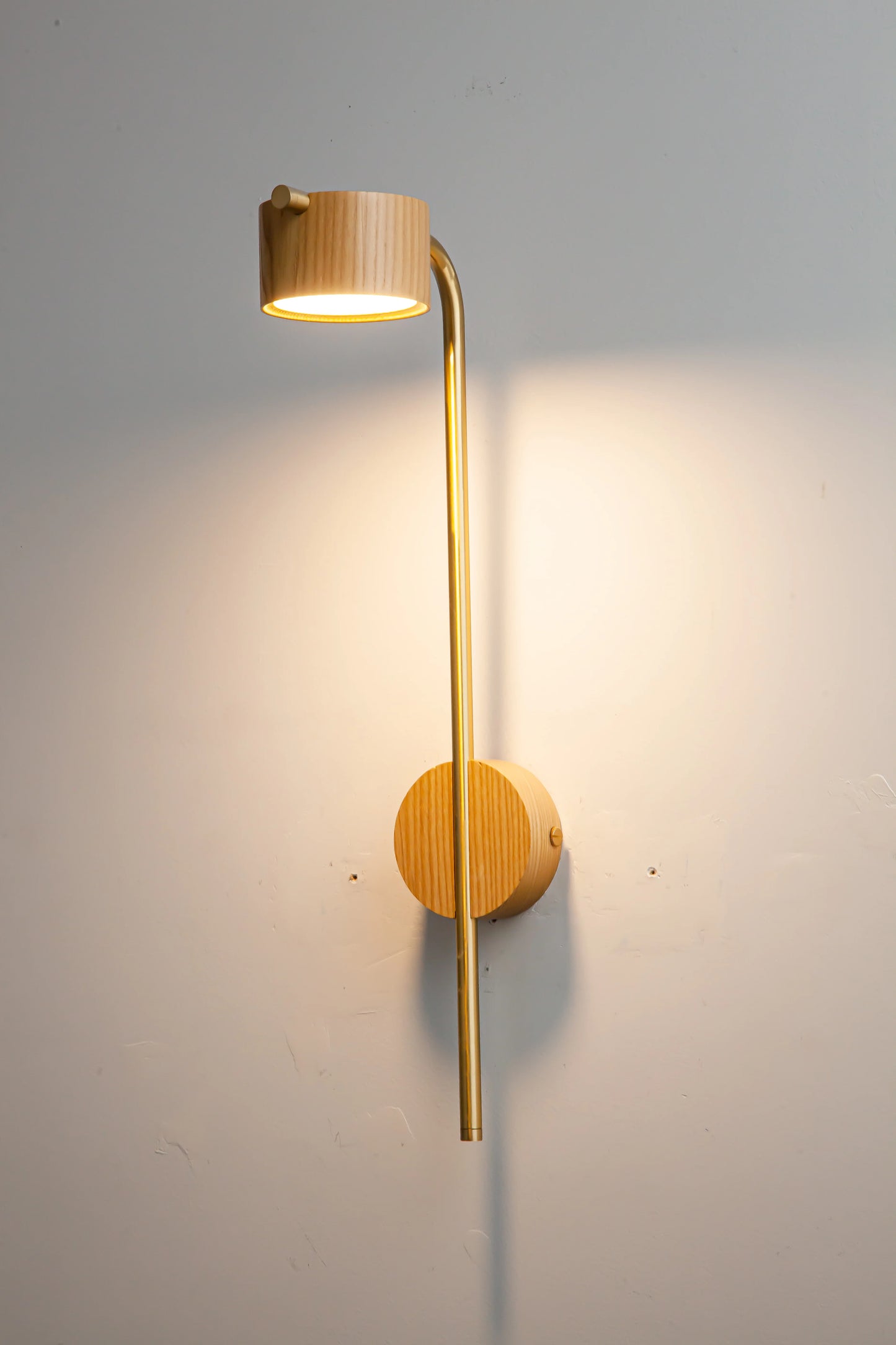 Cylindrical Wood Wall Light with Brass Curve