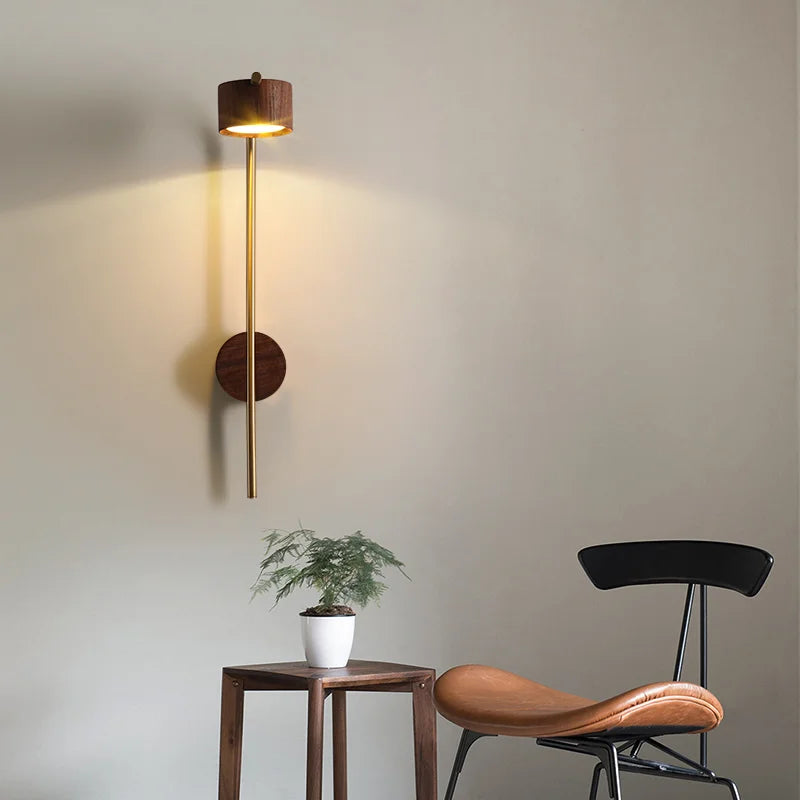 Cylindrical Wood Wall Light with Brass Curve