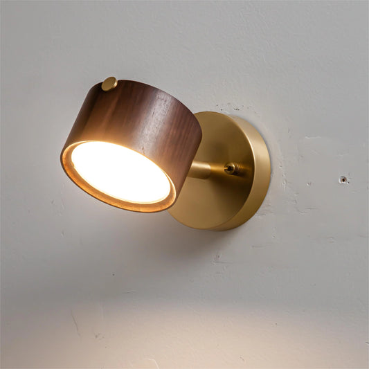 Cylindrical Wood Wall Light with Brass