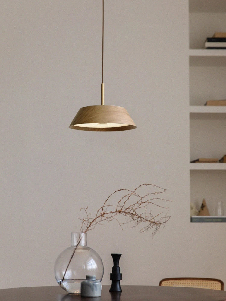 Wide Shallow Conical Wood Pendant Light with Brass