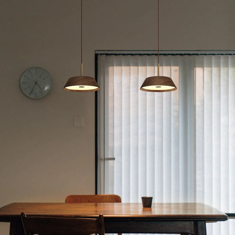 Wide Shallow Conical Wood Pendant Light with Brass