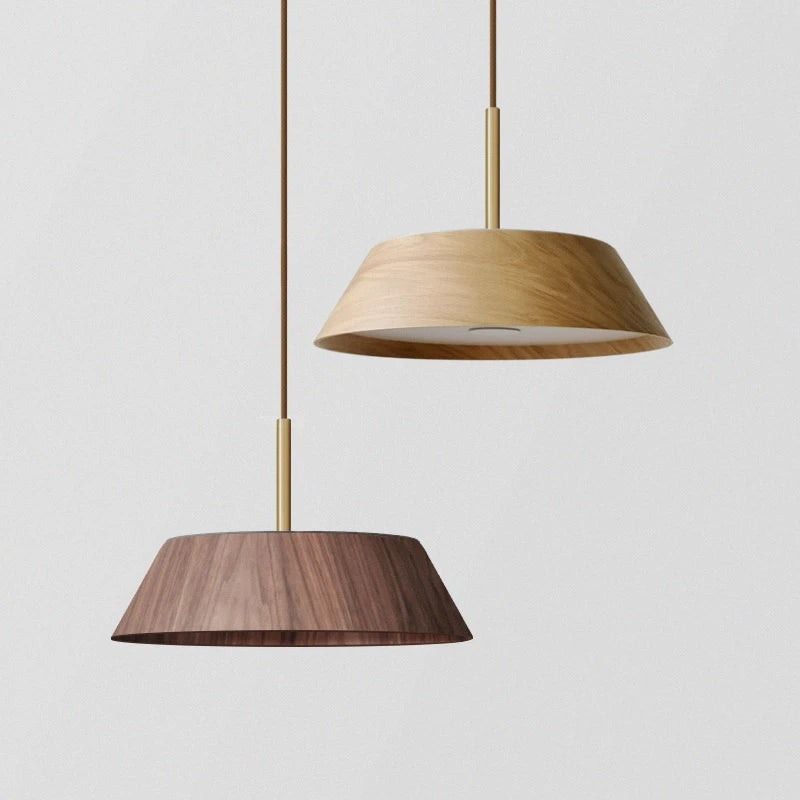 Wide Shallow Conical Wood Pendant Light with Brass