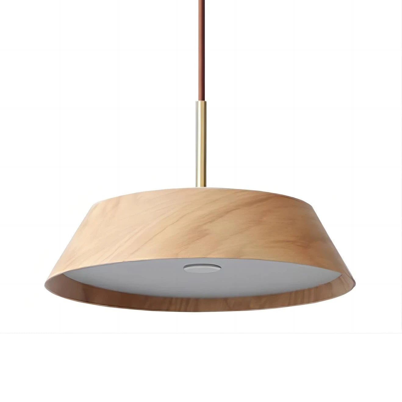 Wide Shallow Conical Wood Pendant Light with Brass