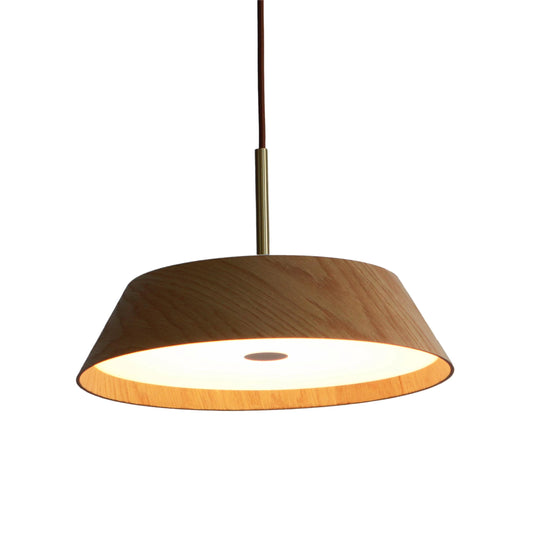 Wide Shallow Conical Wood Pendant Light with Brass